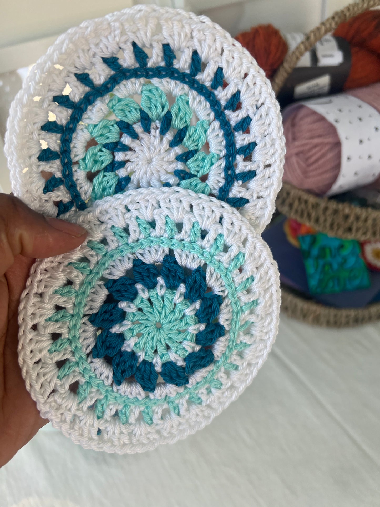 Mandala-style Crochet Coasters, White border (Set of 2)