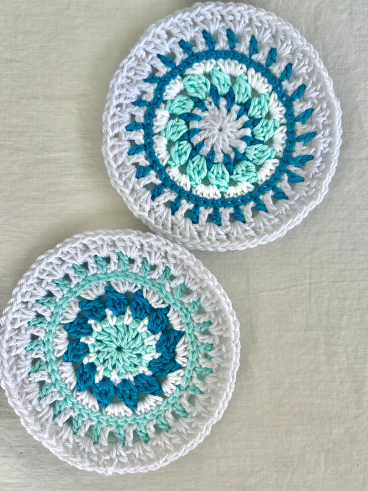 Mandala-style Crochet Coasters, White border (Set of 2)