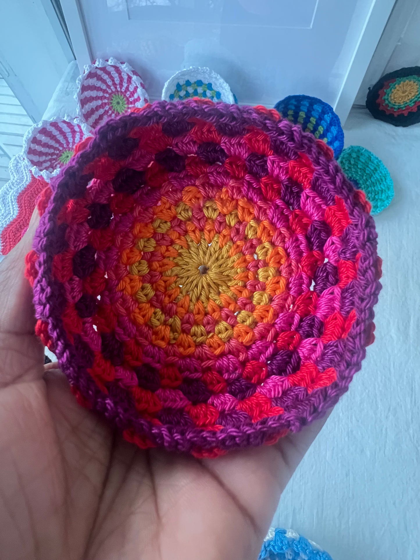 Crochet Art Bowls, pink rim is sold. Choose purple or yellow.