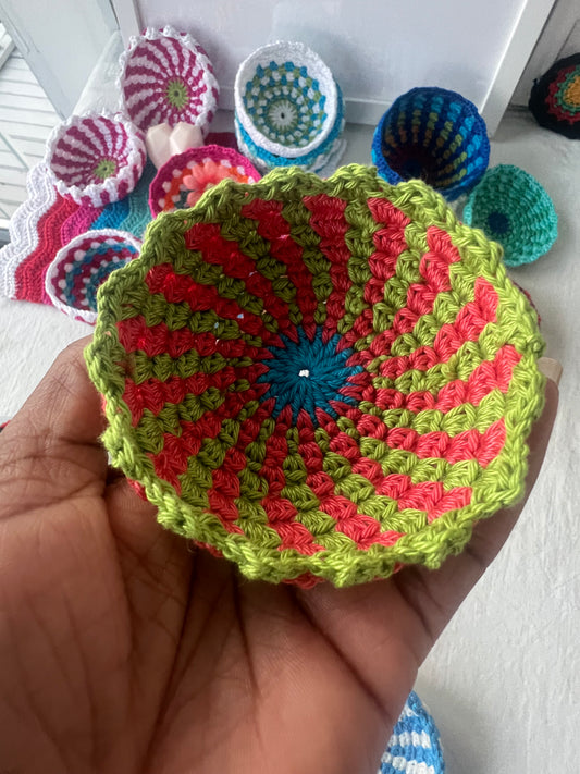 Beautiful handmade crochet bowl in alternating stripes of coral and apple green colors with a turquoise starburst center. Mercerized fingerweight cotton. Crochet stitched with care by Alexine of Gracelight Studio.