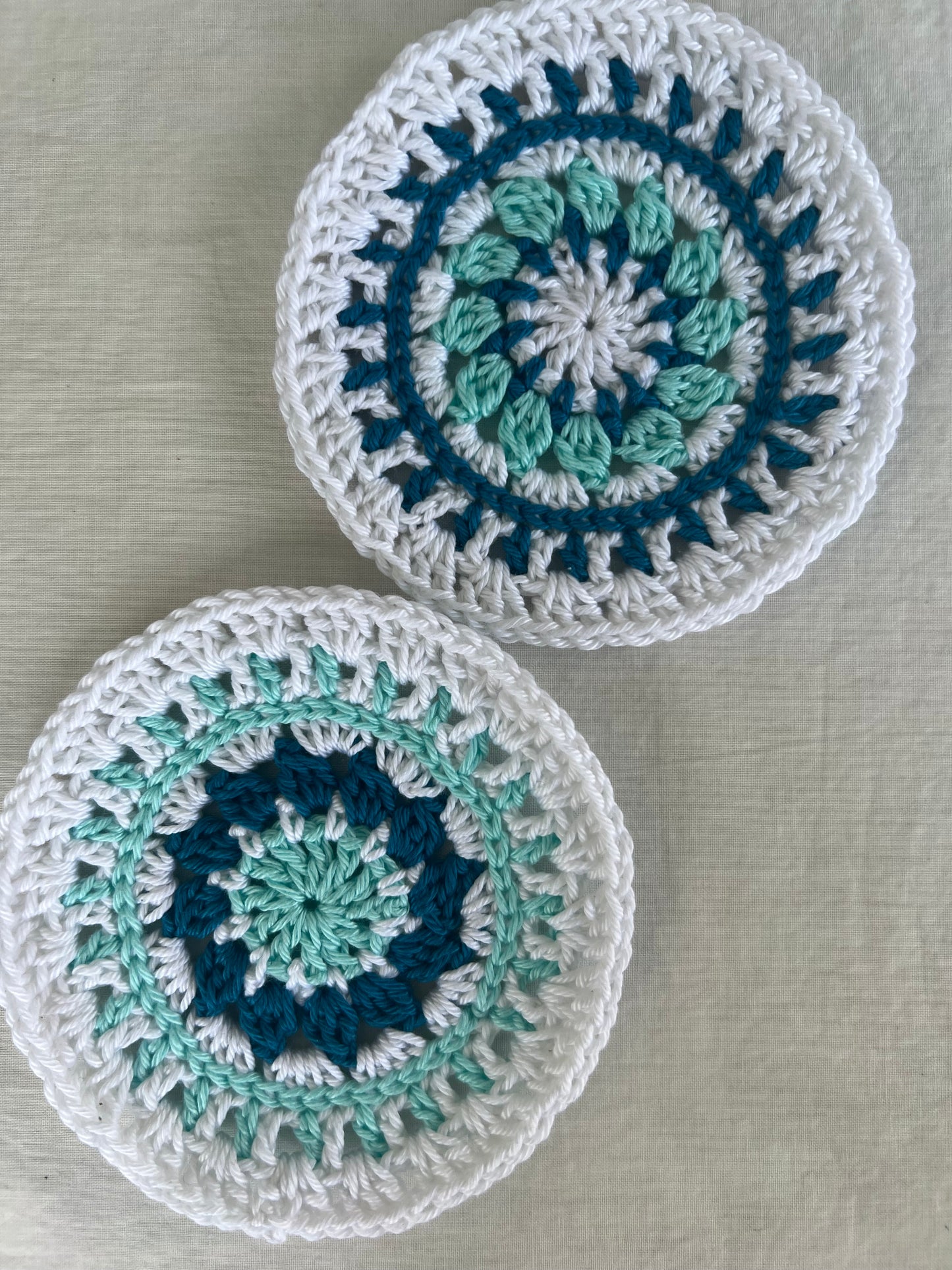 Mandala-style Crochet Coasters, White border (Set of 2)