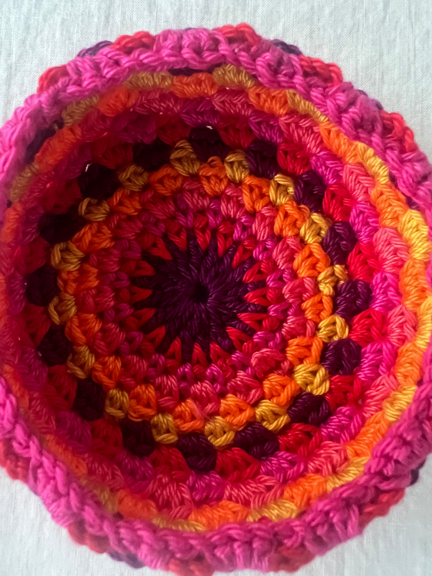 Crochet Art Bowls, pink rim is sold. Choose purple or yellow.