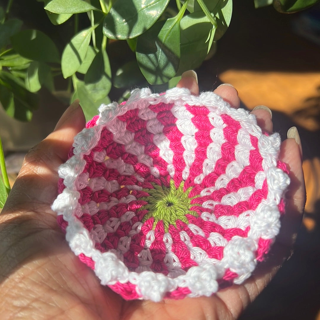 Pretty in Pink Stripes, mini crochet bowl with apple green center.