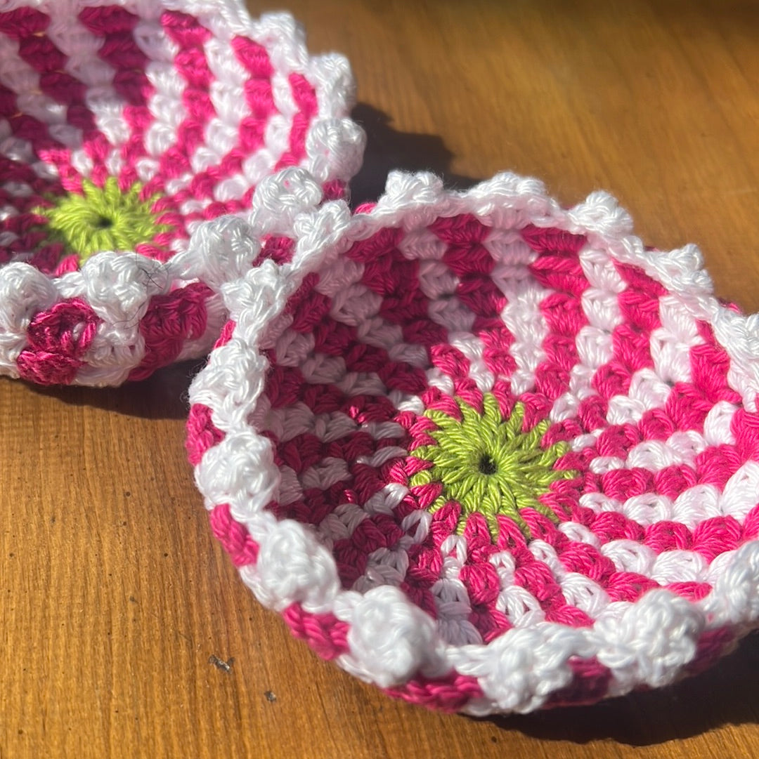 Pretty in Pink Stripes, mini crochet bowl with apple green center.