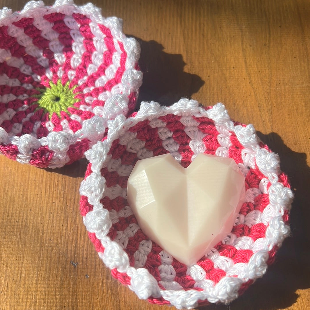 Pretty in Pink Stripes, mini crochet bowl with apple green center.
