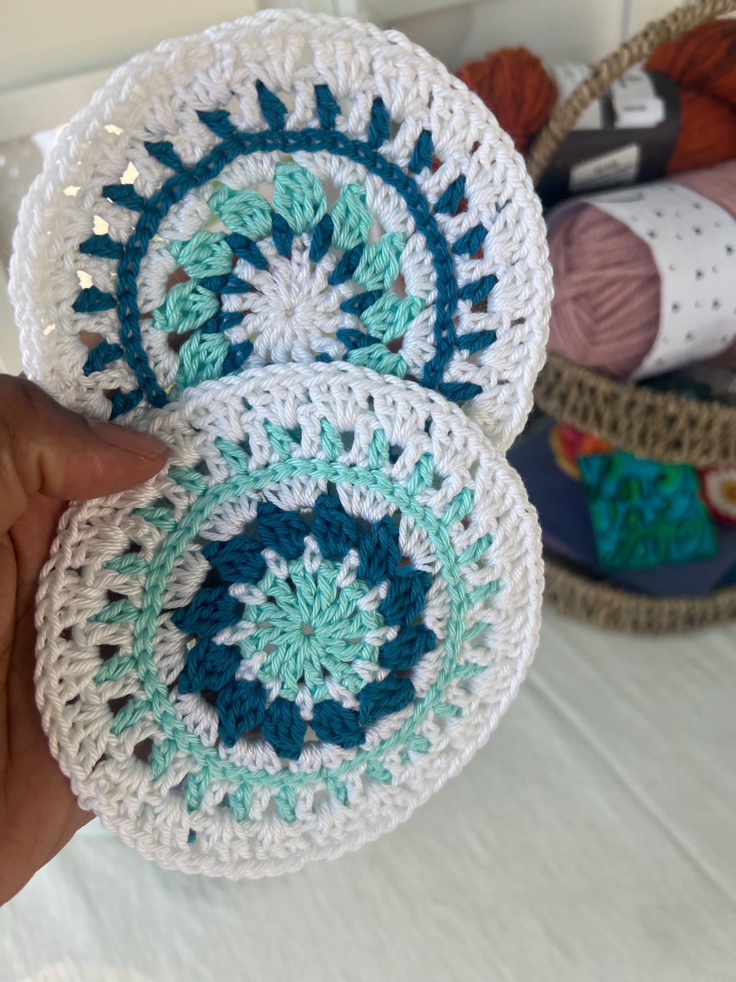 Mandala-style Crochet Coasters, White border (Set of 2)