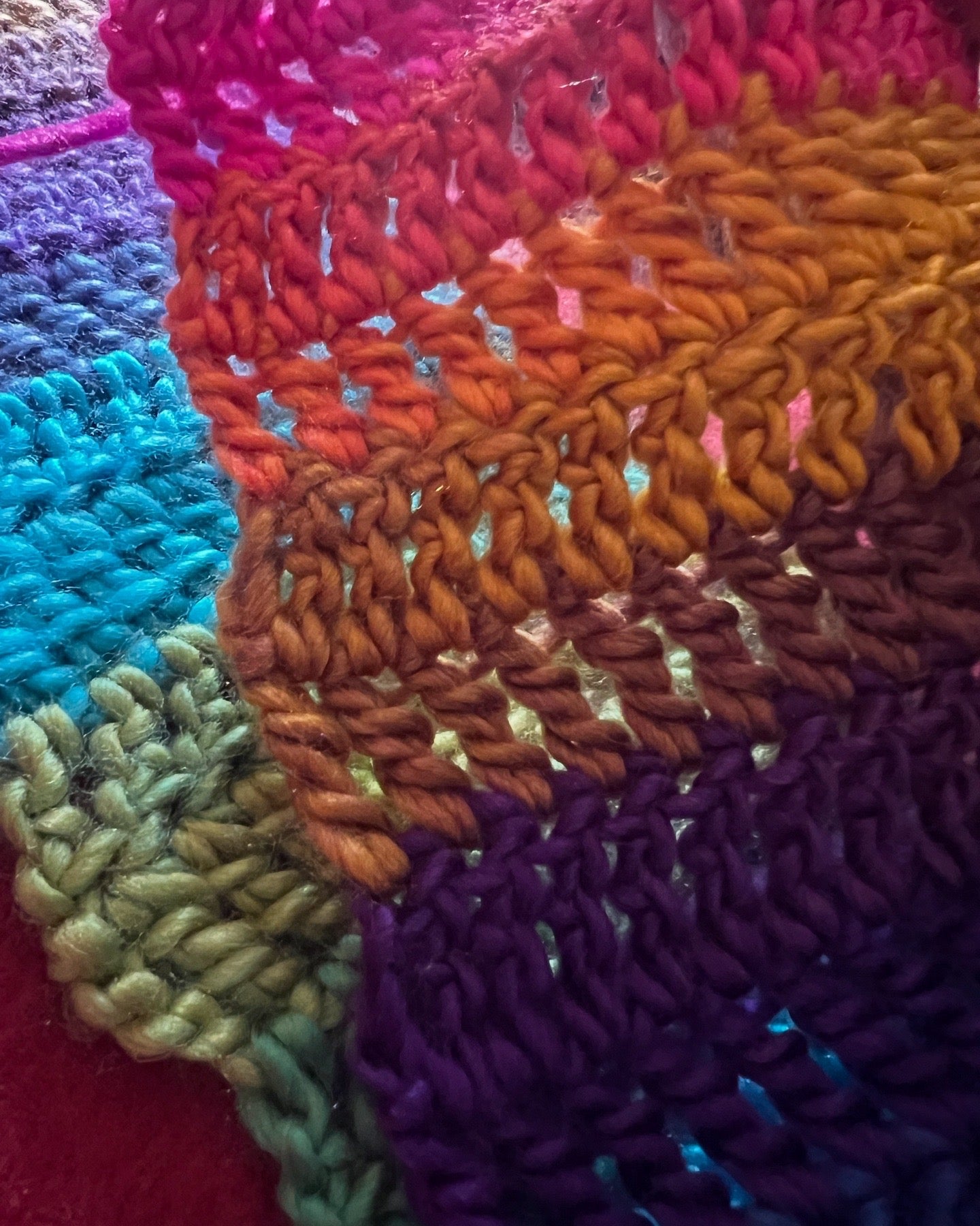 Soft crochet scarf, multicolor, triple stitch. Medium length.