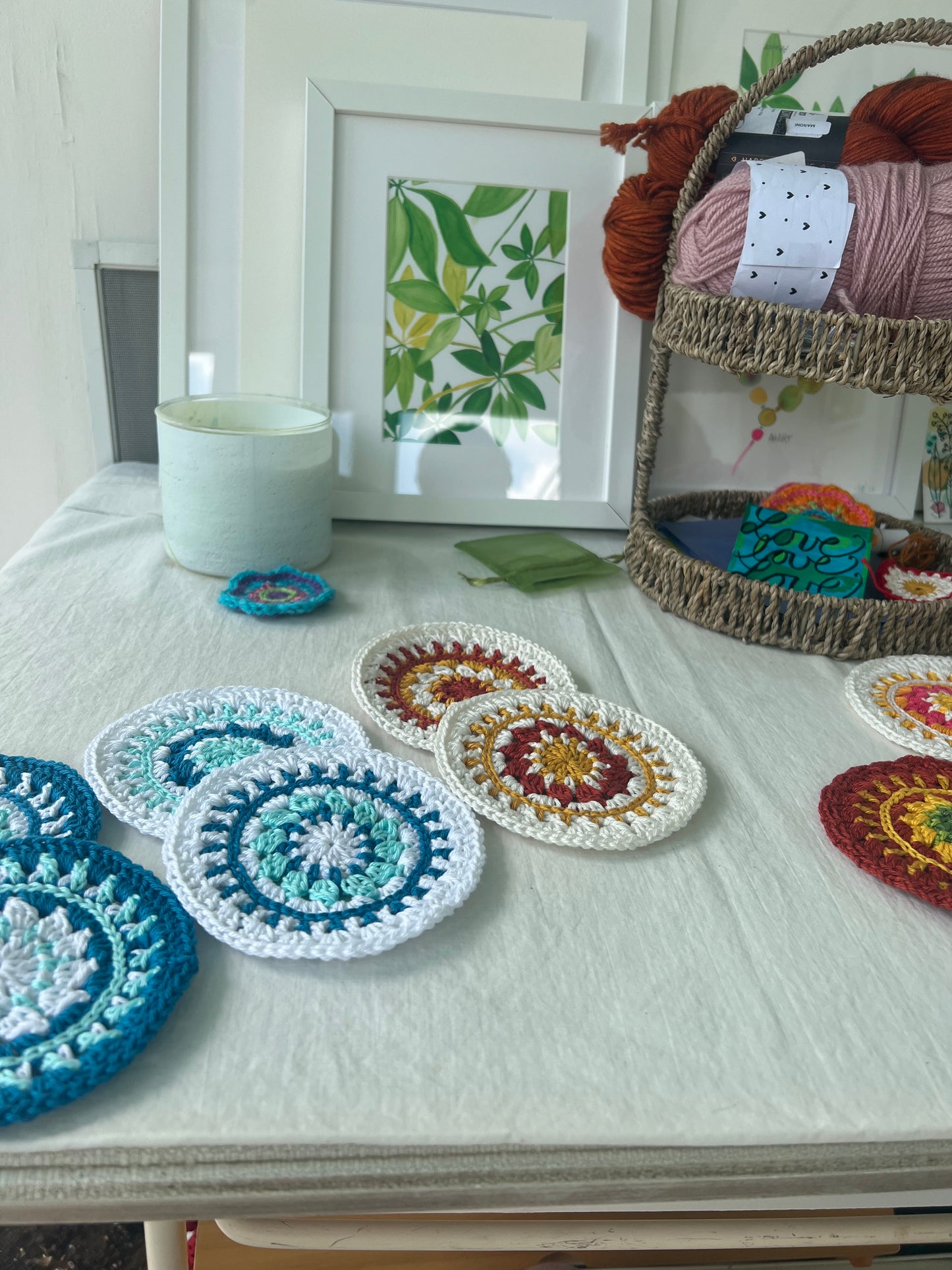 Mandala-style Crochet Coasters, White border (Set of 2)