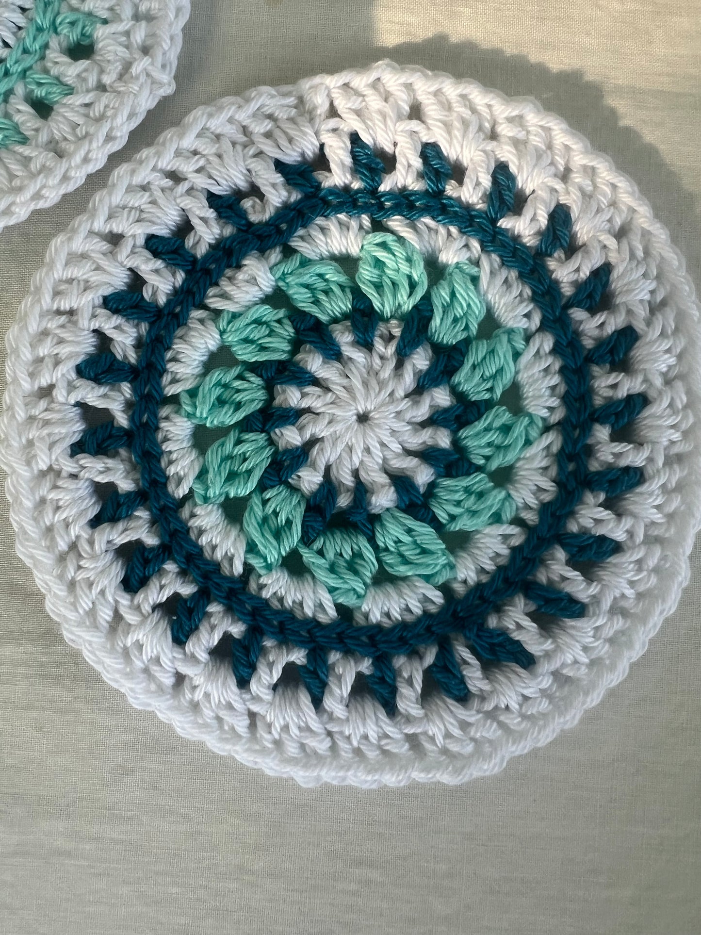 Mandala-style Crochet Coasters, White border (Set of 2)